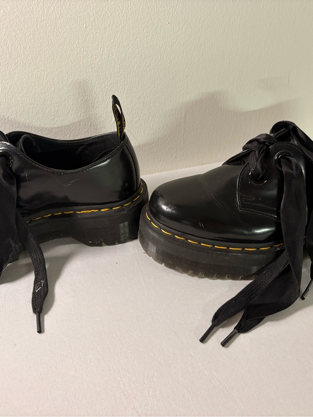 Dr. Martens Black Leather Platform Shoes with Yellow Stitching - Picture 3 of 9